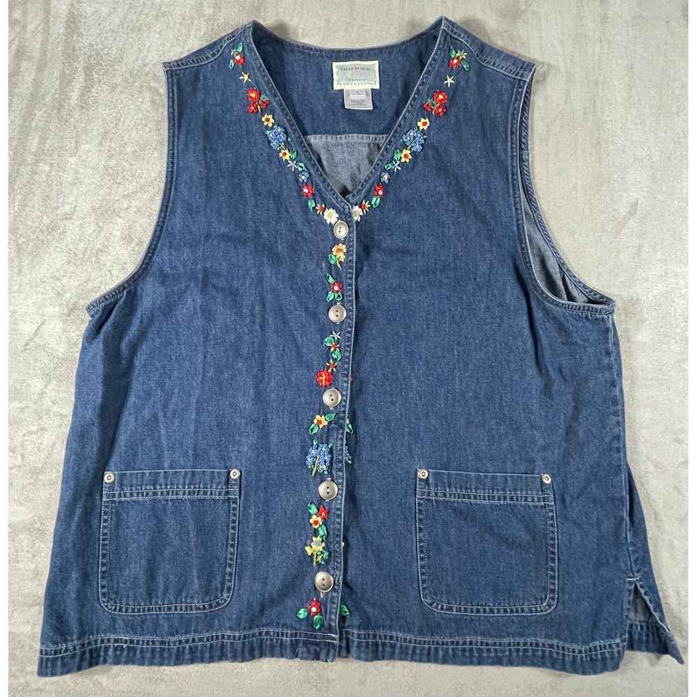 Susan Bristol Denim Vest Womens Large Blue Floral Ribbon Embroidered 90s Rustic